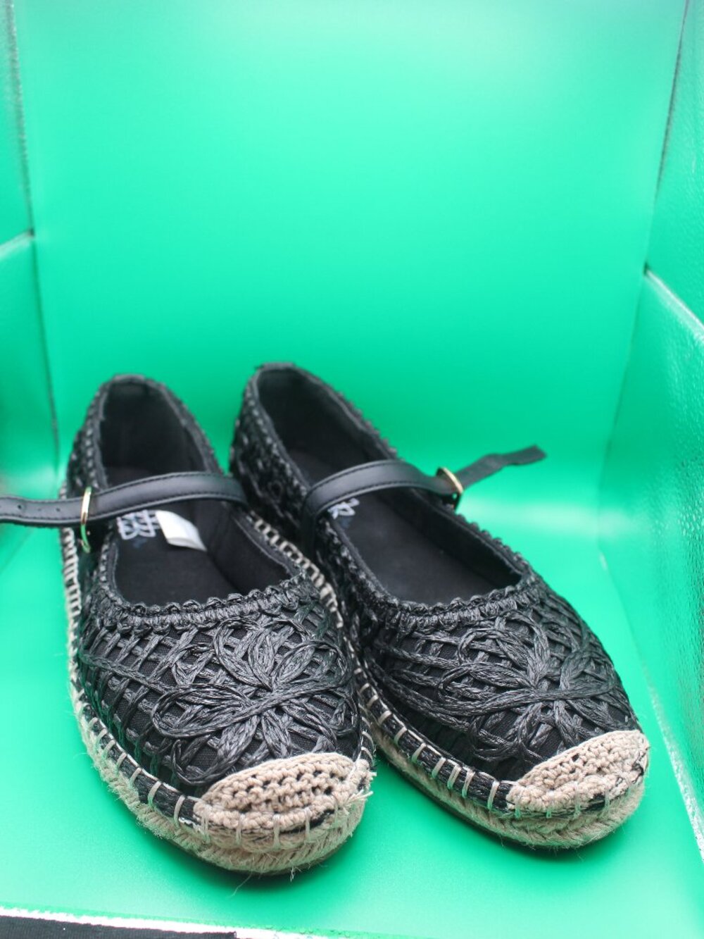 Black Woven Mary Jane Espadrille Flats with Crochet Toe Detai